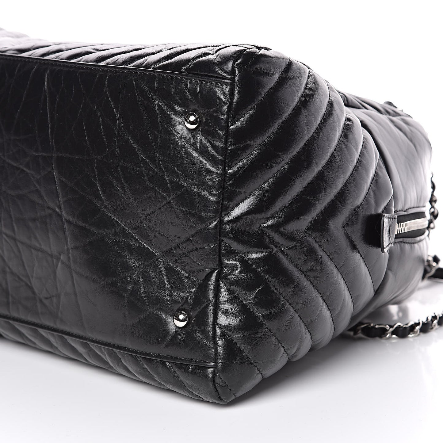 Aged Calfskin Chevron Large Soft Bowling Bag Black