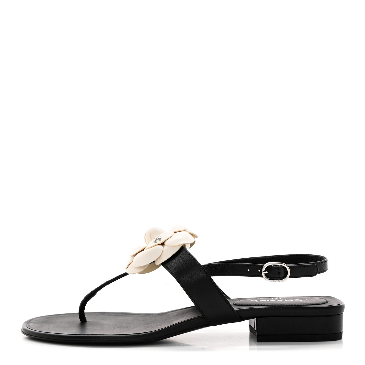 Lambskin Camellia Thong Sandals 39 Black White