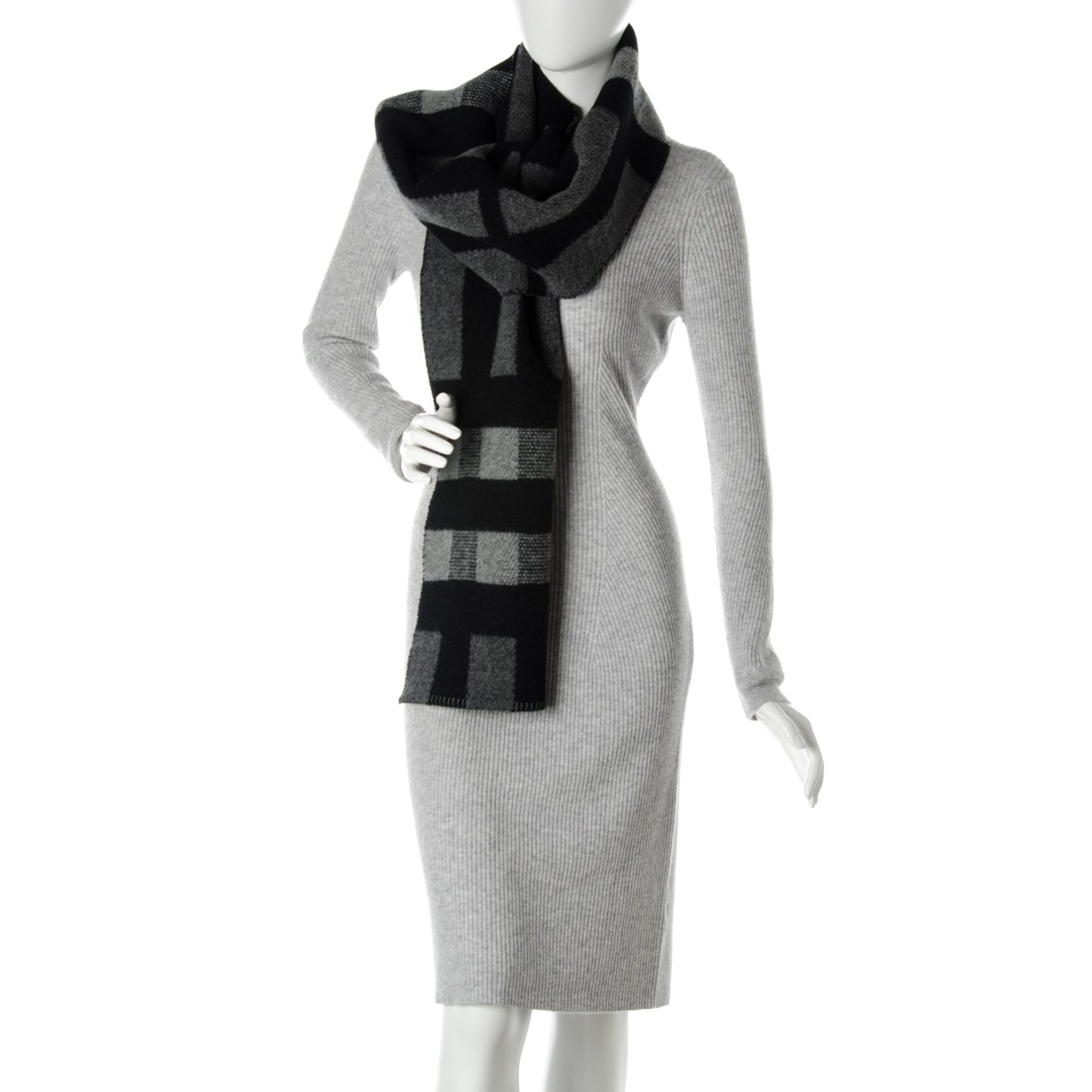 Wool Cashmere Half Mega Check Blanket Scarf Black Grey