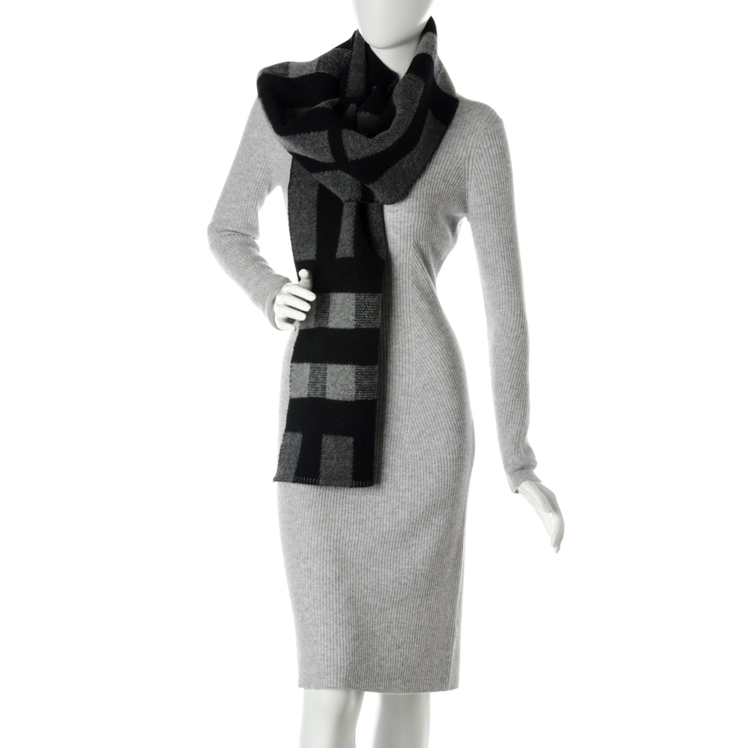 Burberry Wool Cashmere Half Mega Check Blanket Scarf Black Grey 2 of 5