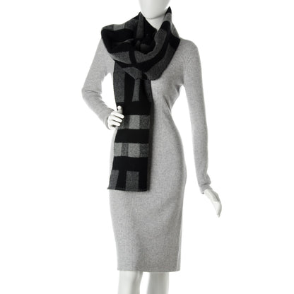 Burberry Wool Cashmere Half Mega Check Blanket Scarf Black Grey 2 of 5