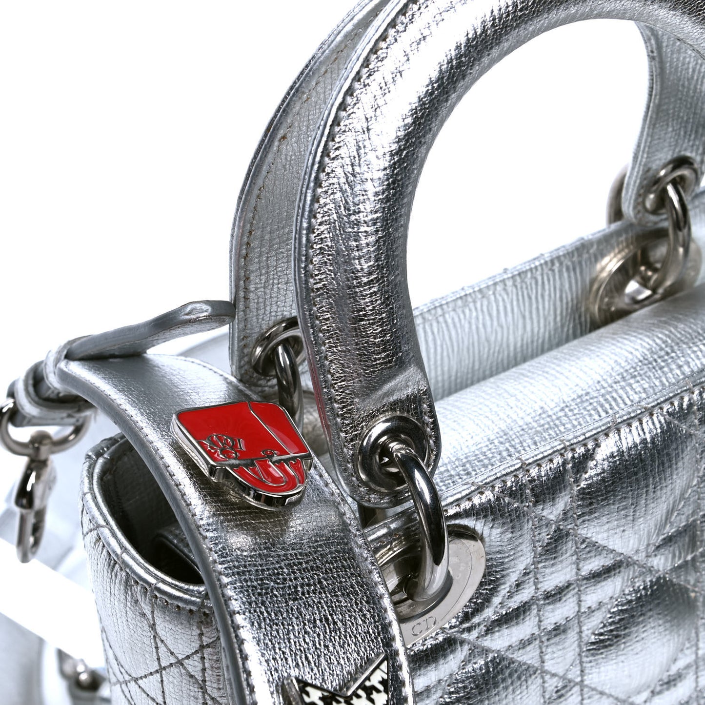 Metallic Grained Calfskin Cannage Small Lucky Badges My Lady Dior Silver