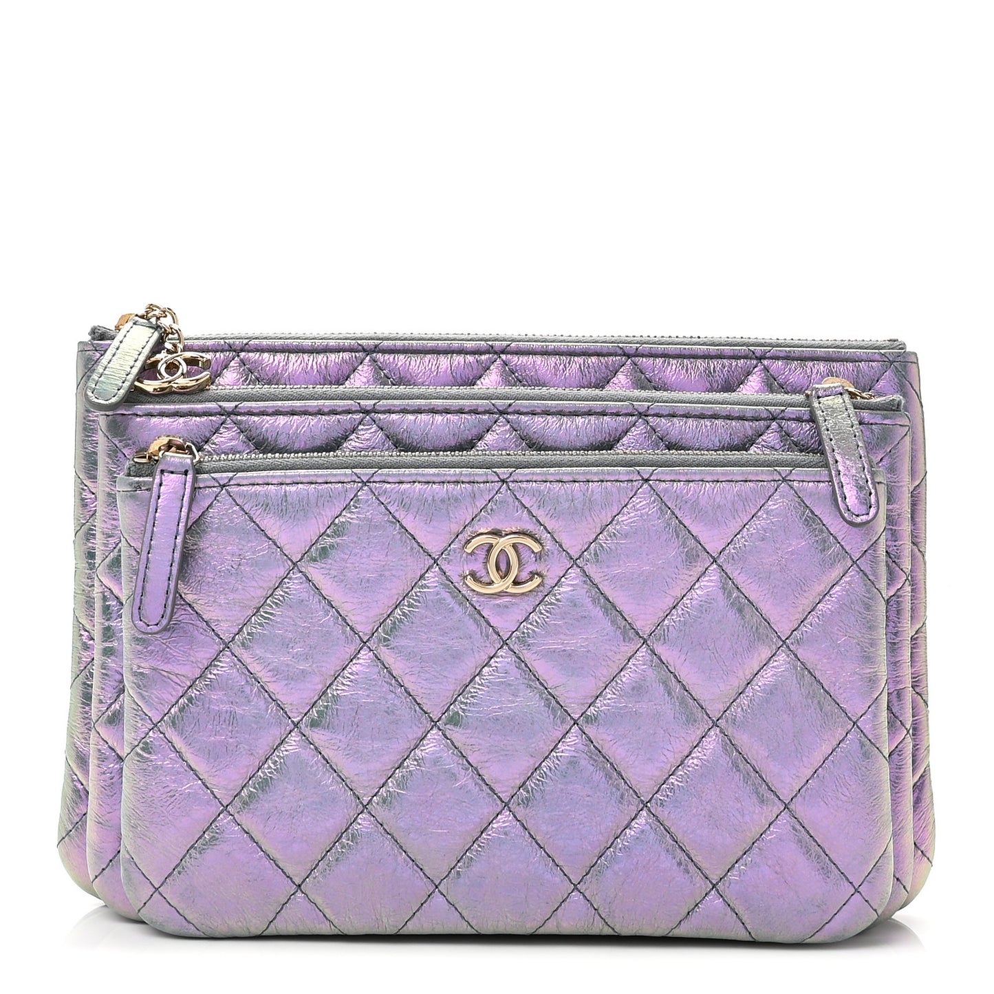 Iridescent Crumpled Calfskin Trio Cosmetic Case Purple