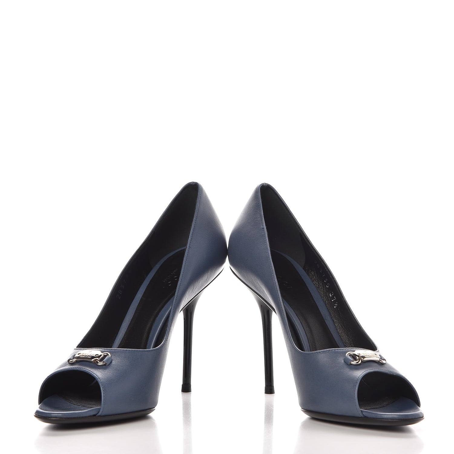 Gucci Calfskin Logo Plate Peep Toe Pumps 37.5 Admiral 6 of 11