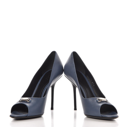 Gucci Calfskin Logo Plate Peep Toe Pumps 37.5 Admiral 6 of 11