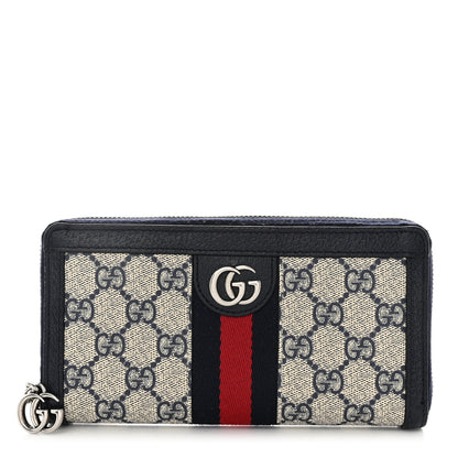 Gucci GG Supreme Monogram Textured Dollar Calfskin Web Ophidia Zip Around Wallet Beige Blue 1 of 10