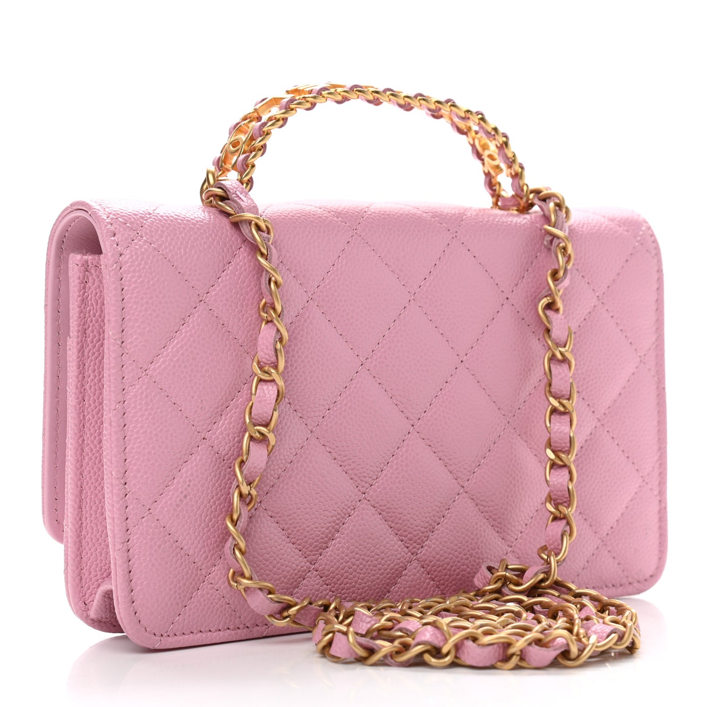 Shiny Caviar Quilted Pick Me Up Wallet On Chain WOC Pink