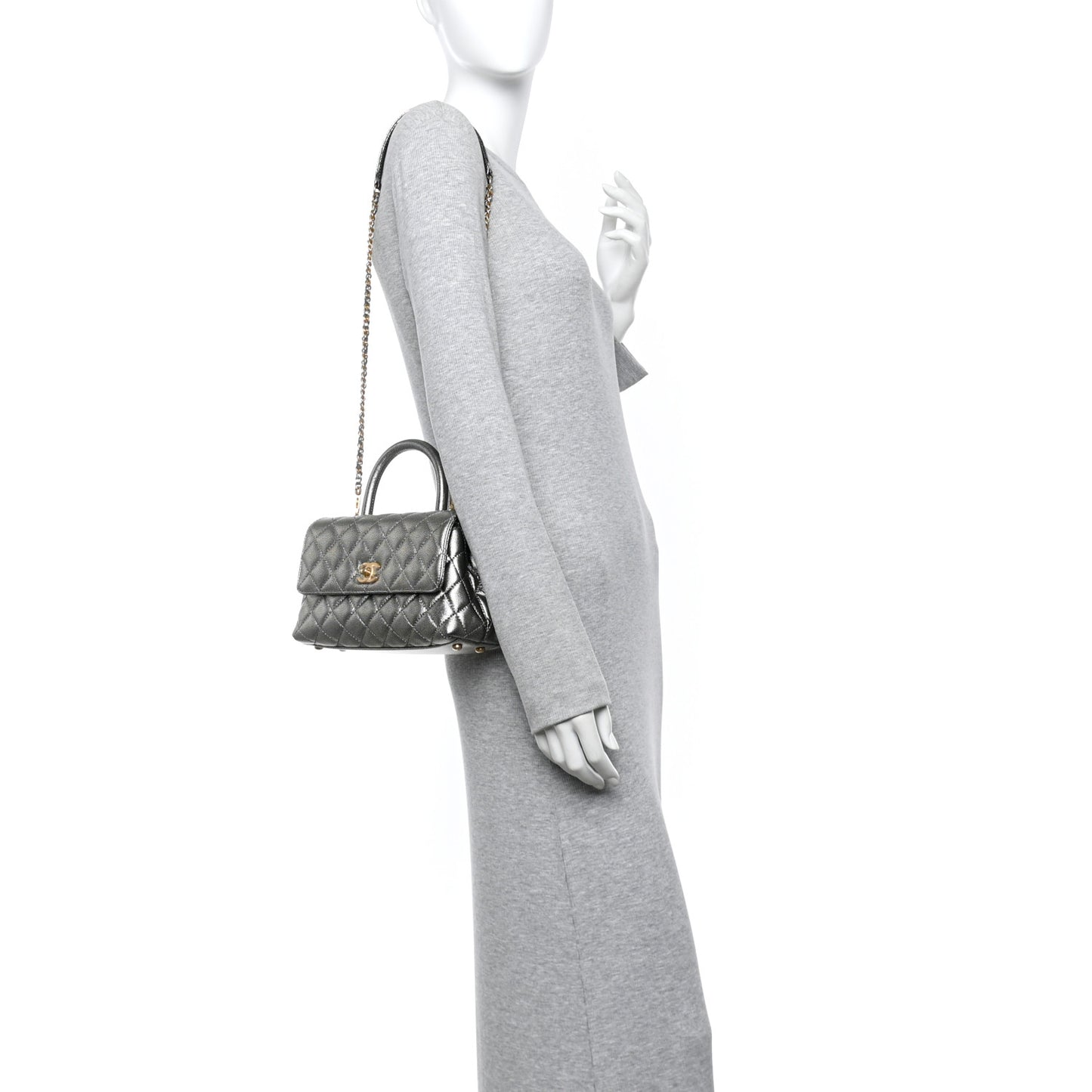 Metallic Caviar Quilted Mini Coco Handle Flap Silver
