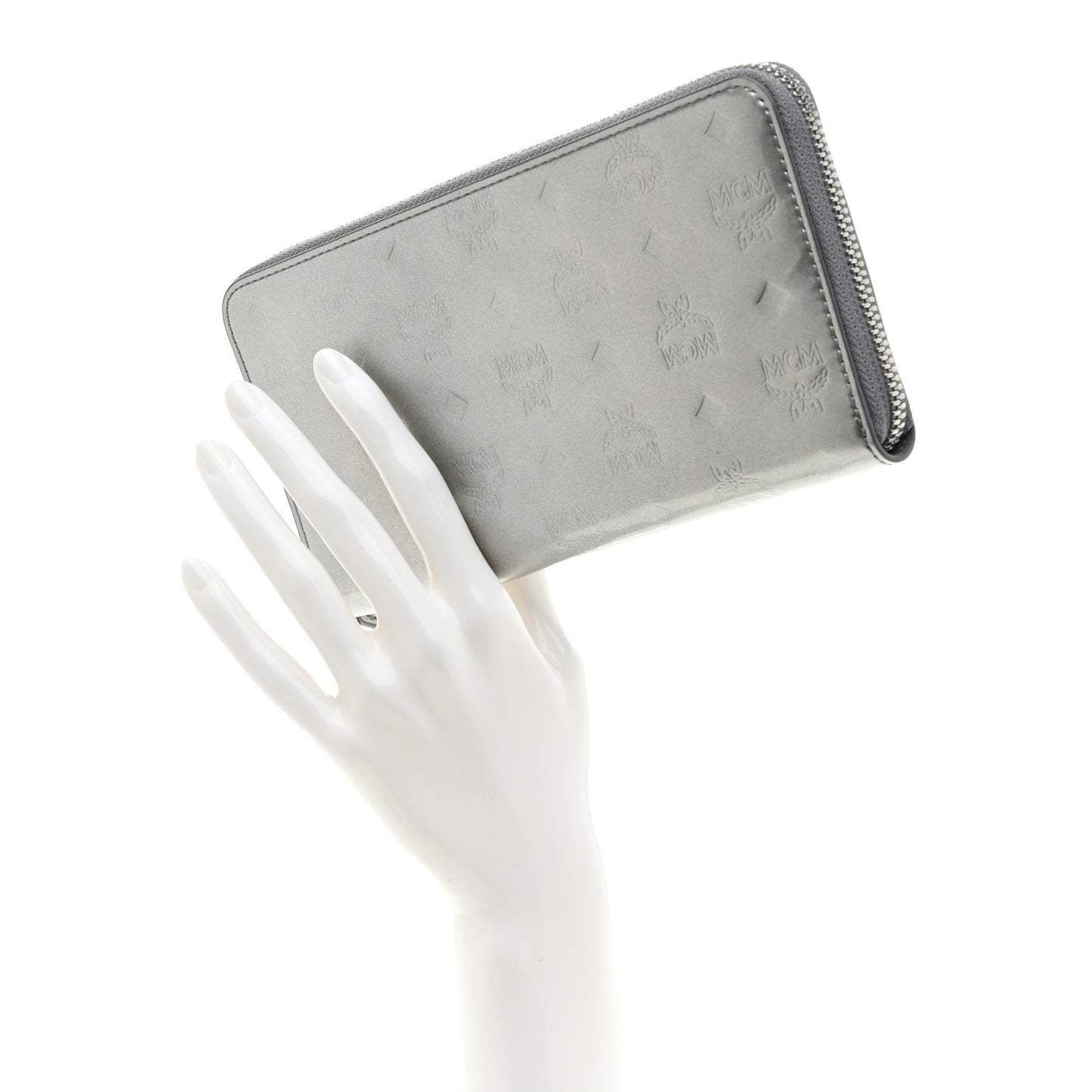 Metallic Monogram Patent Large Zip Around Wallet Silver