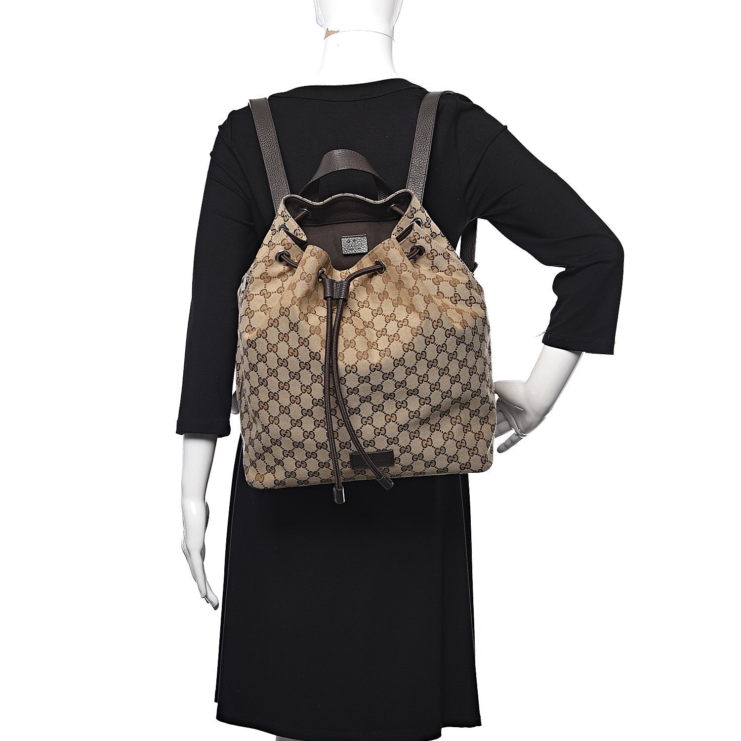 Gucci Monogram Dollar Calfskin O Drawstring Backpack Beige Ebony Testa di Moro Dark Chocolate 2 of 12