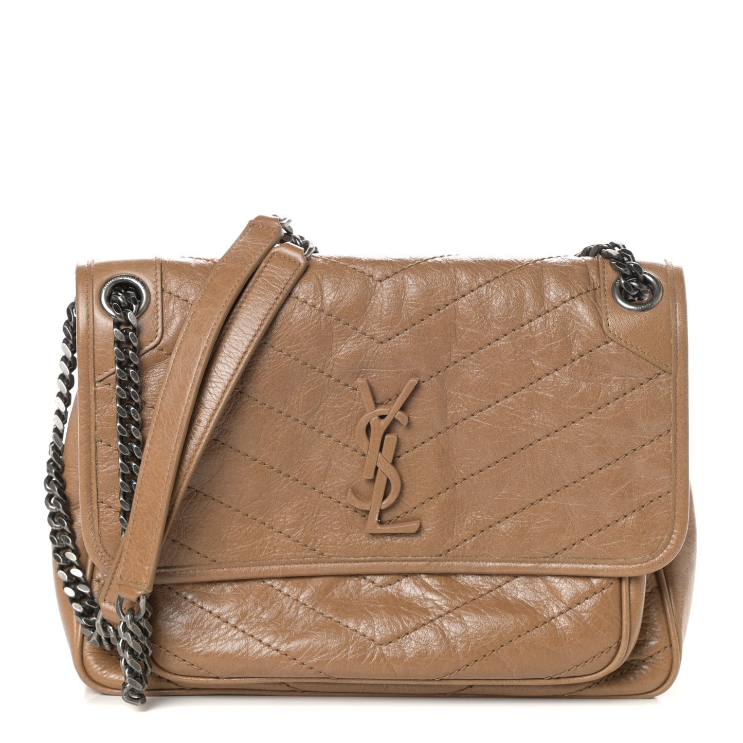 Crinkled Calfskin Matelasse Monogram Medium Niki Chain Satchel Natural Tan
