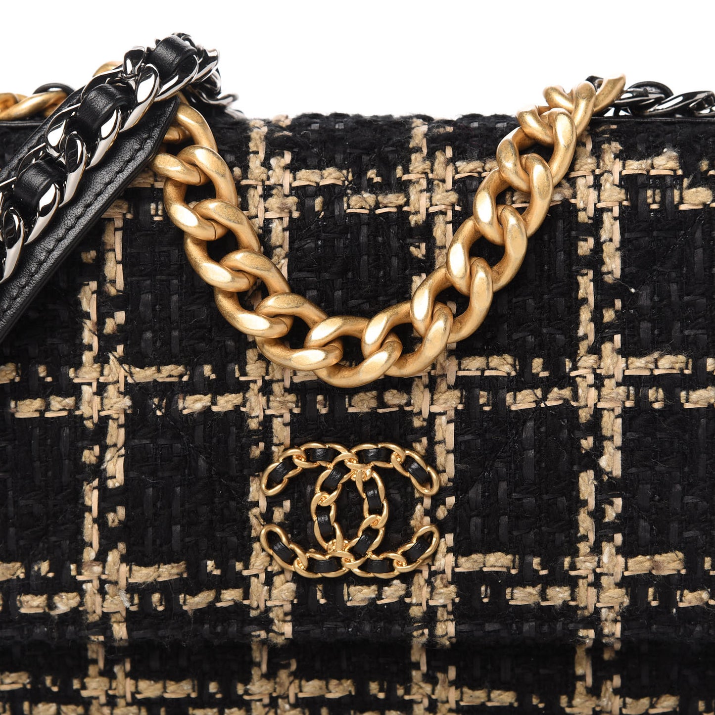 Tweed Quilted Chanel 19 Wallet On Chain WOC Black Beige