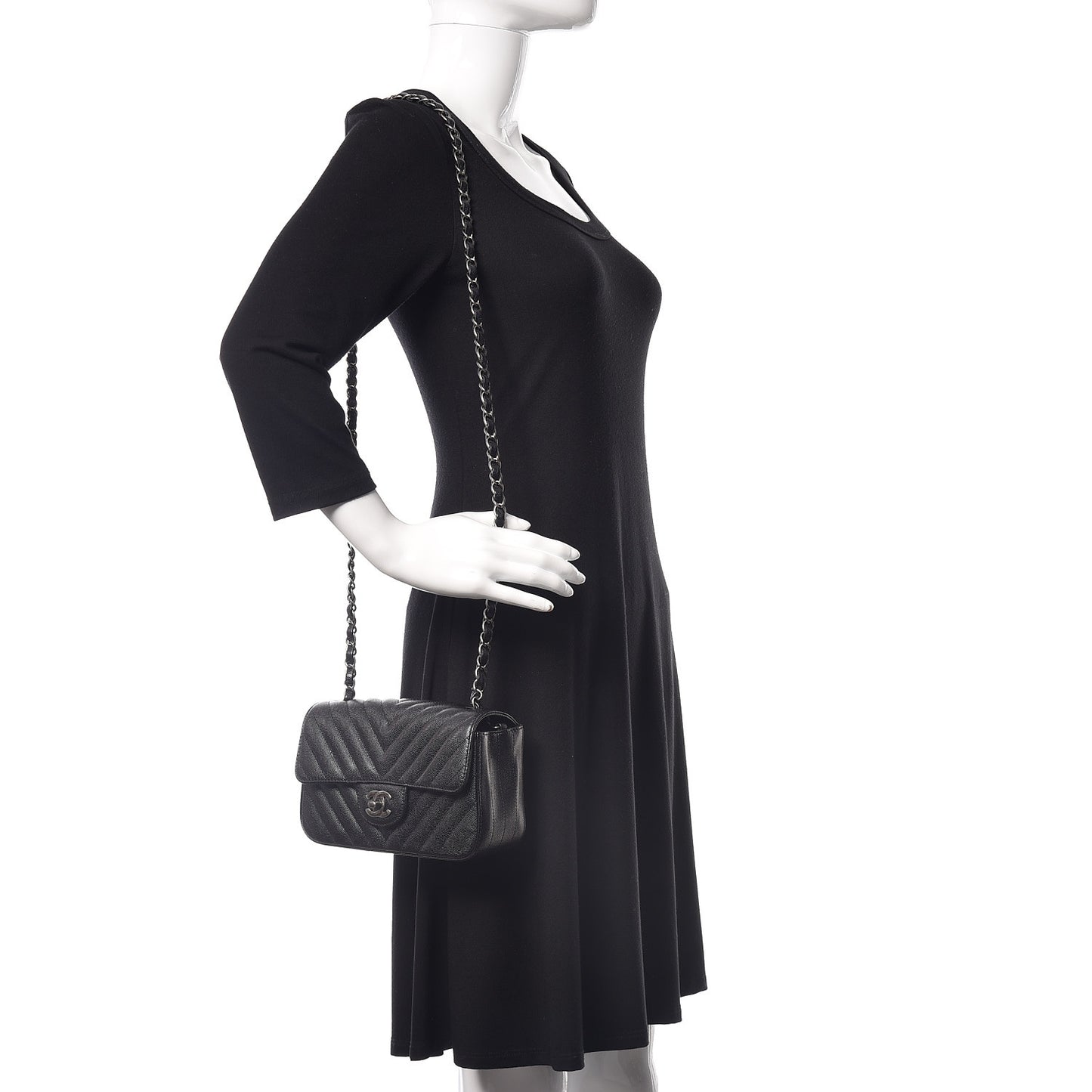 Metallic Caviar Chevron Quilted Mini Rectangular Flap Black