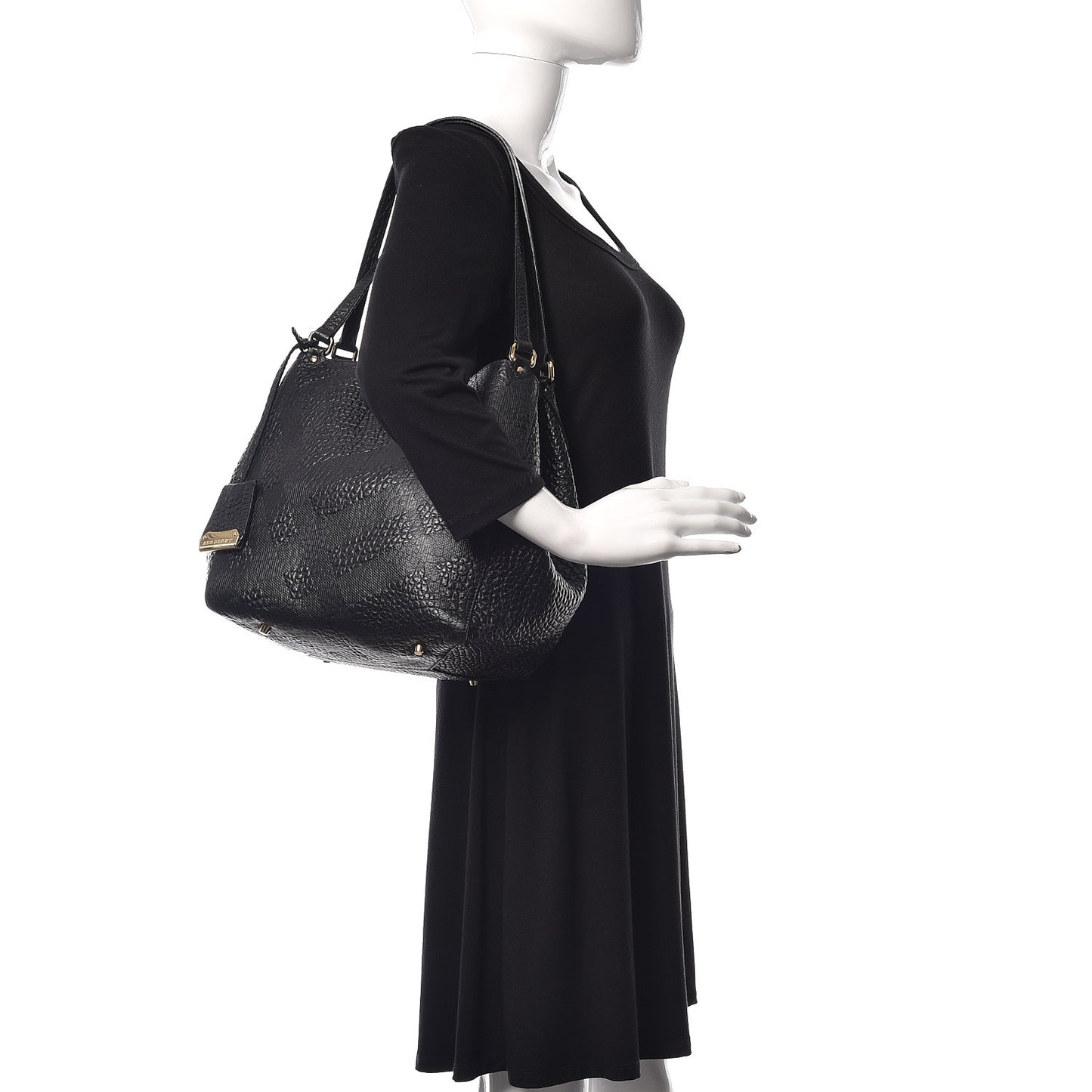 Signature Grain Calfskin Check Embossed Small Canterbury Tote Black