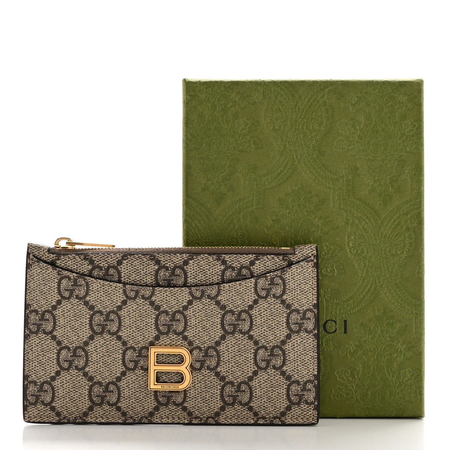 X BALENCIAGA GG Supreme Monogram Zip Card Case Beige Ebony