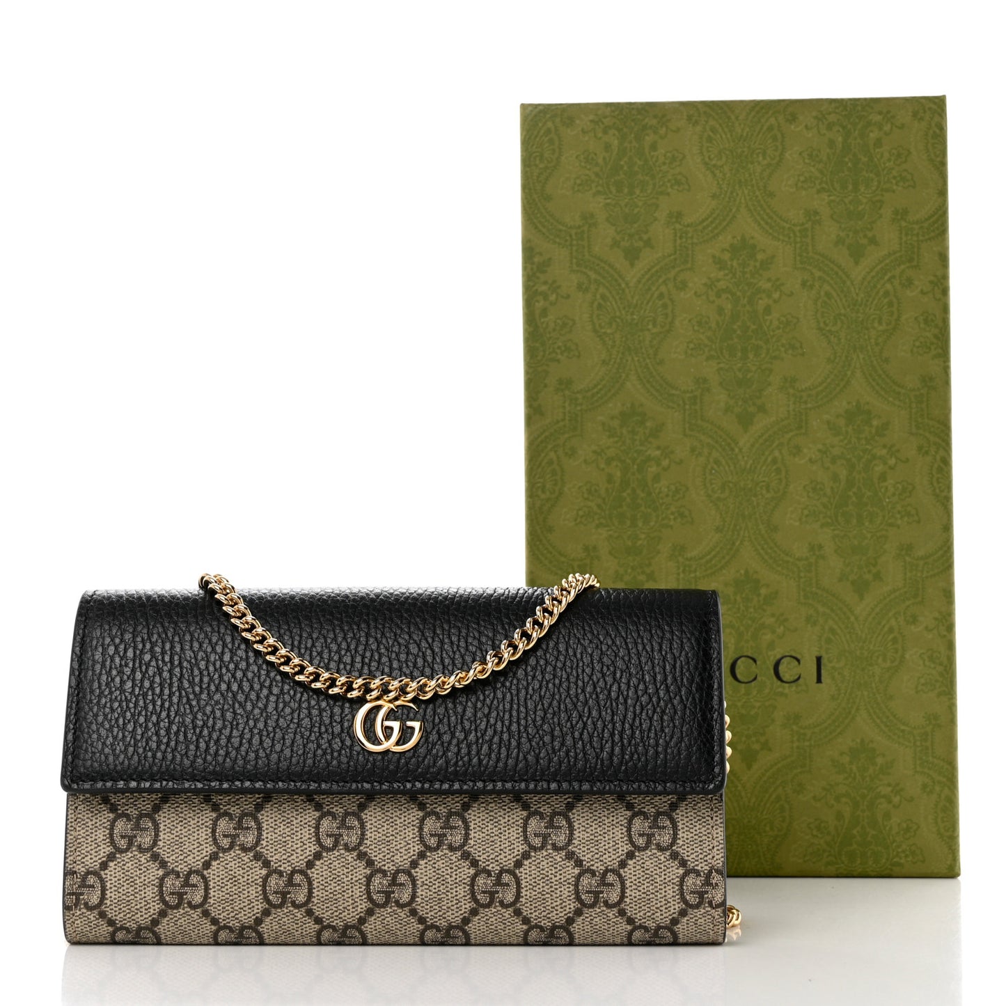Dollar Calfskin GG Supreme Monogram Petite GG Marmont Wallet Chain Bag Black Beige Ebony