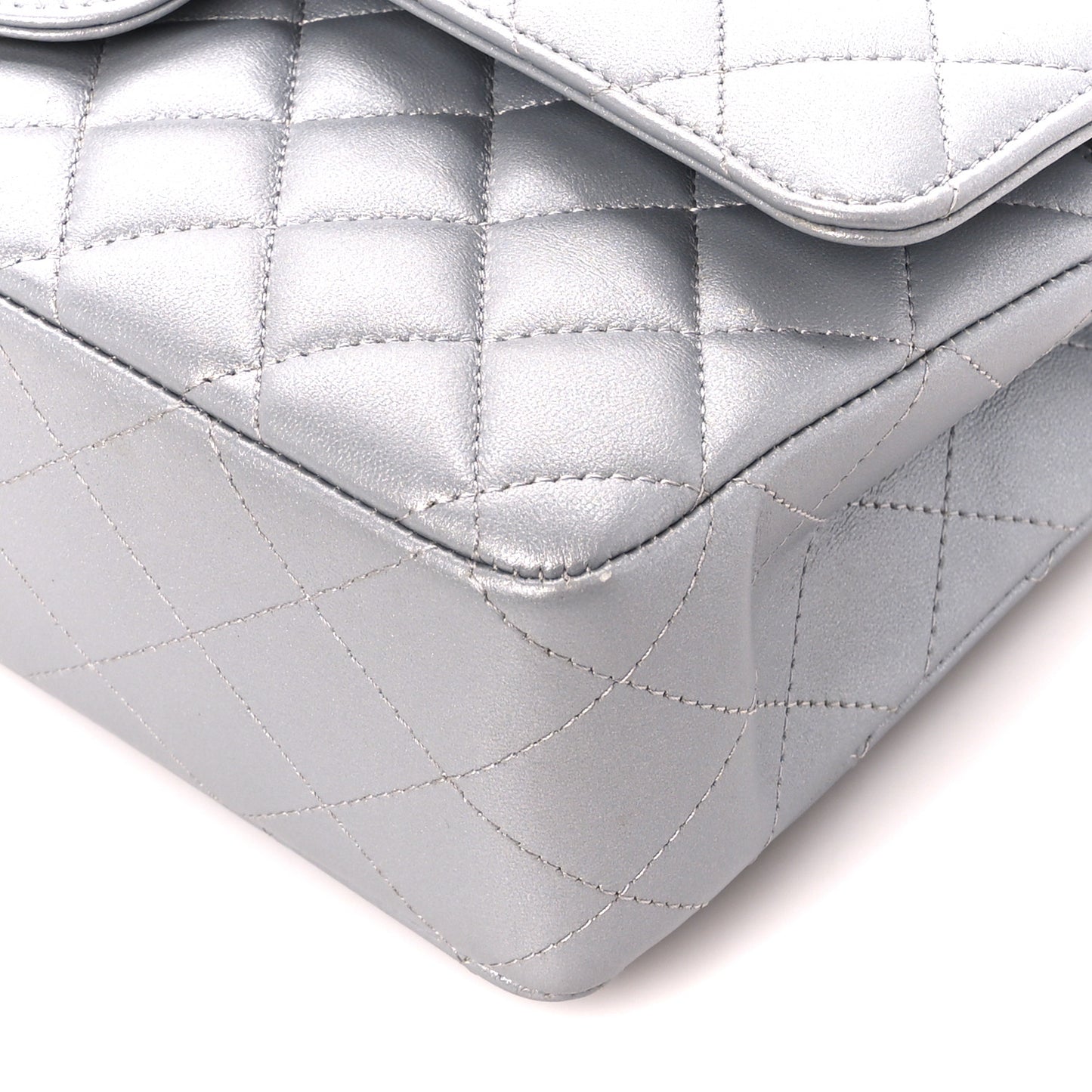 Metallic Lambskin Quilted Medium Double Flap Silver