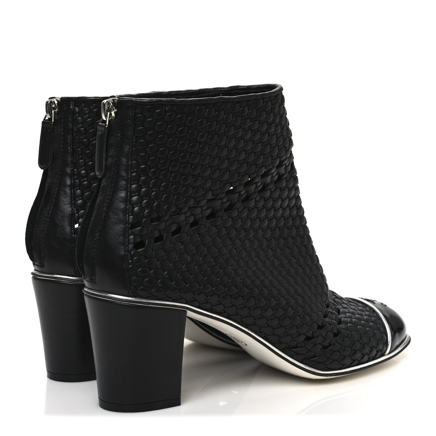 Woven Lambskin Patent Cap Toe Short Boots 41 Black