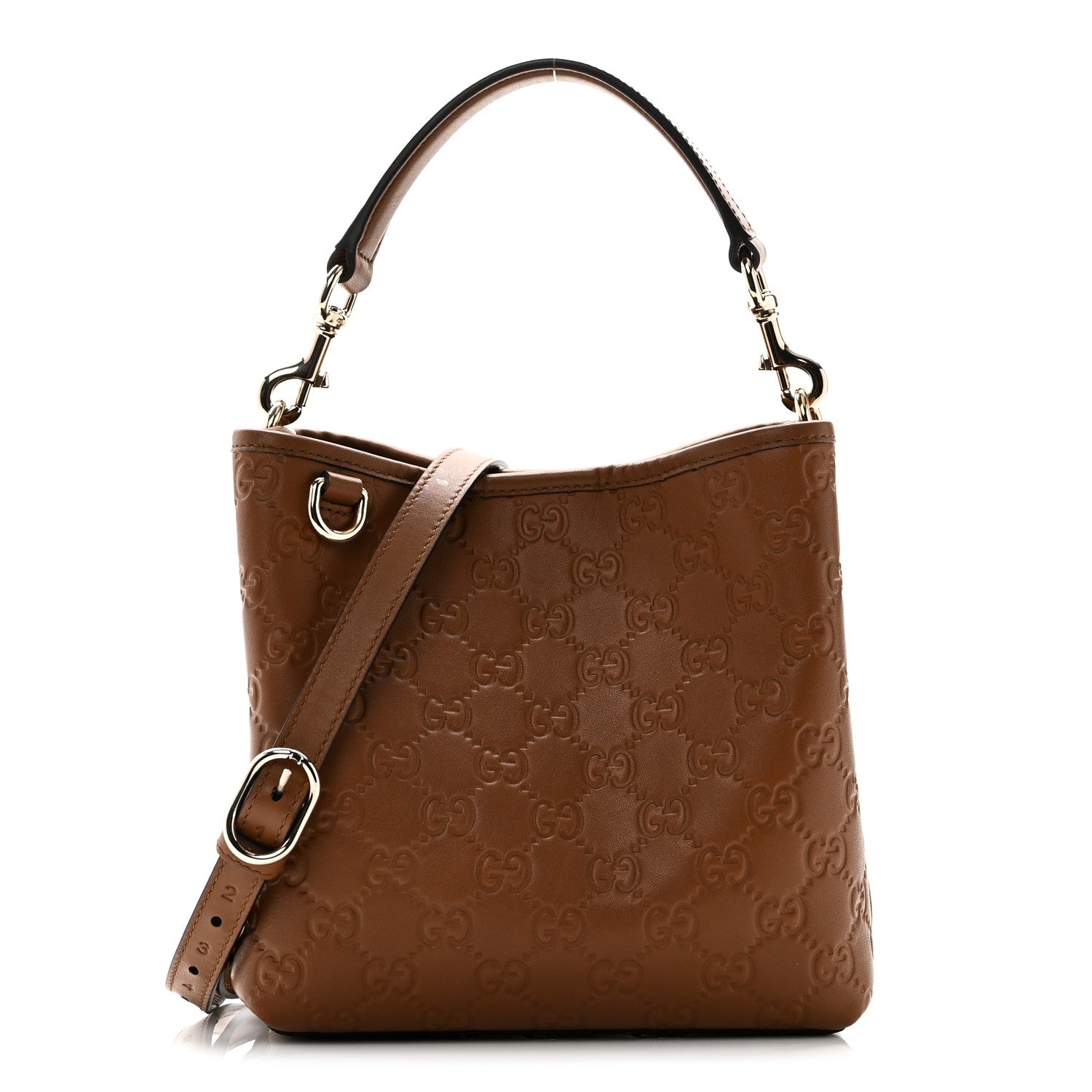 Gucci GG Calfskin Embossed Emblem Small Bucket Bag Brown 1807952