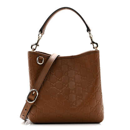 Gucci GG Calfskin Embossed Emblem Small Bucket Bag Brown 1 of 10