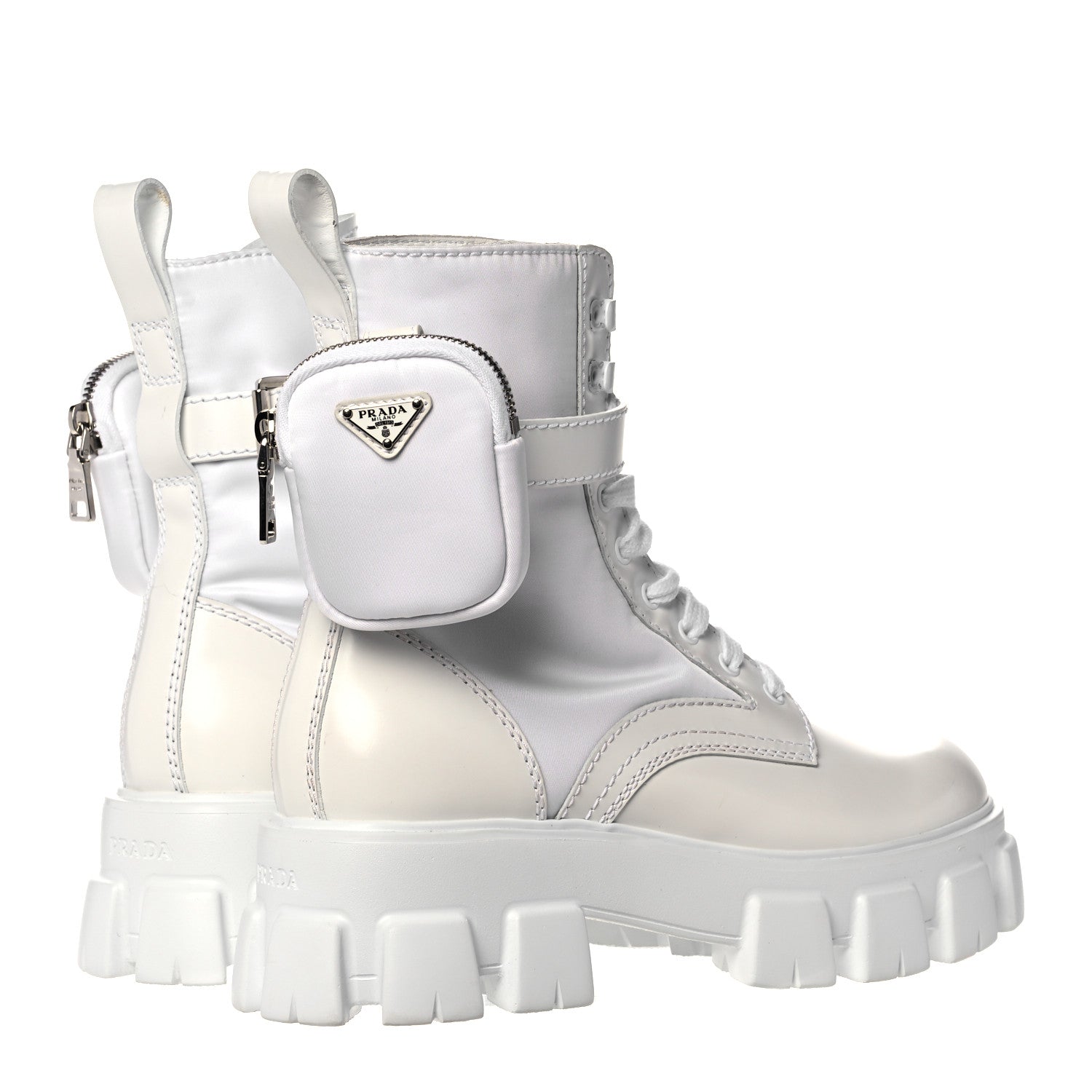 Prada Spazzolato Rois Re-Nylon Metal Triangle Logo Mens Monolith Pouch Pocket 60mm Combat Boots 8 White 4 of 12
