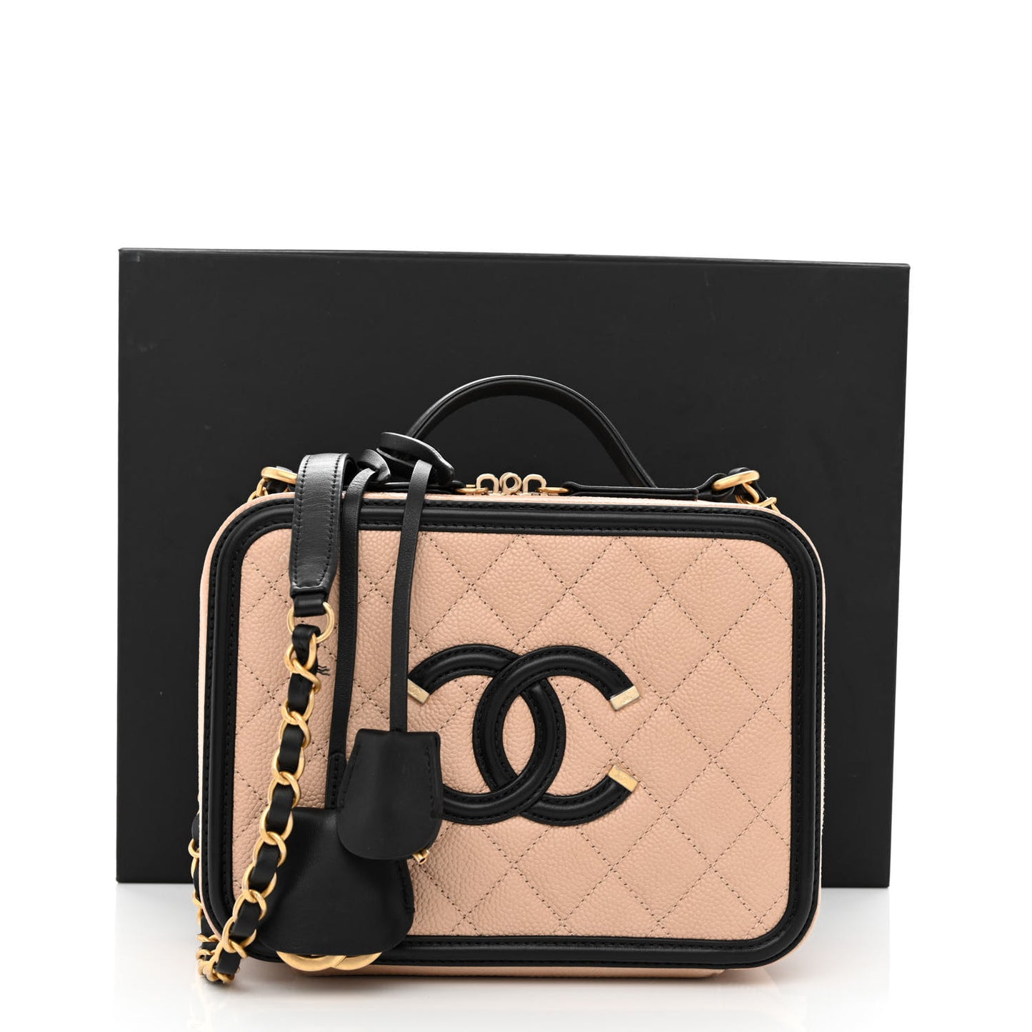 Caviar Quilted Medium CC Filigree Vanity Case Beige Black