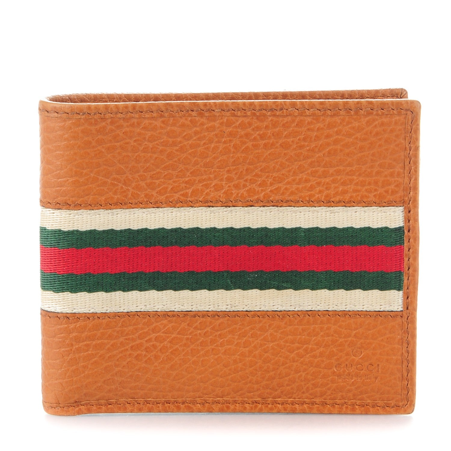 Gucci Pebbled Calfskin Web Bi-Fold Wallet Tan 1 of 7