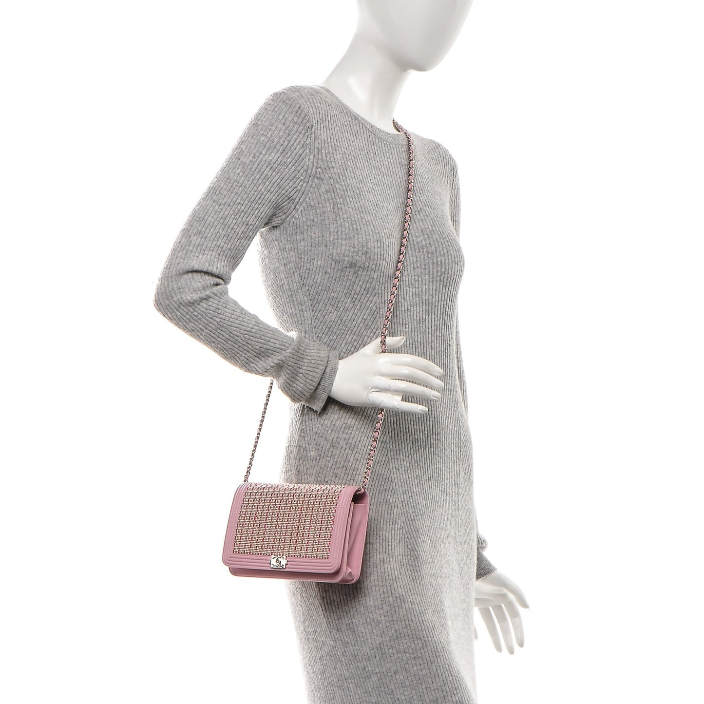 Calfskin Crystal Studded Boy Wallet On Chain WOC Pink