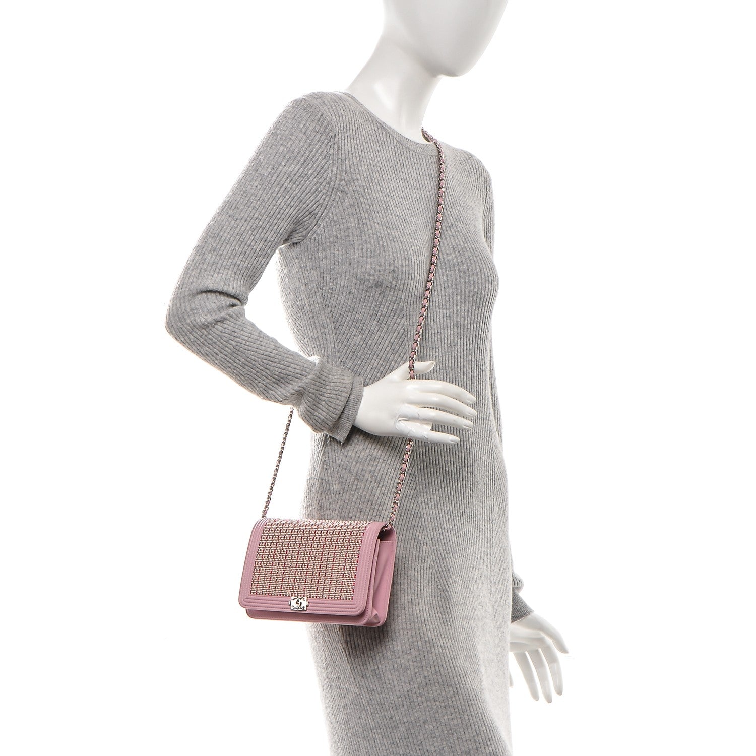 Chanel Calfskin Crystal Studded Boy Wallet On Chain WOC Pink 2 of 8
