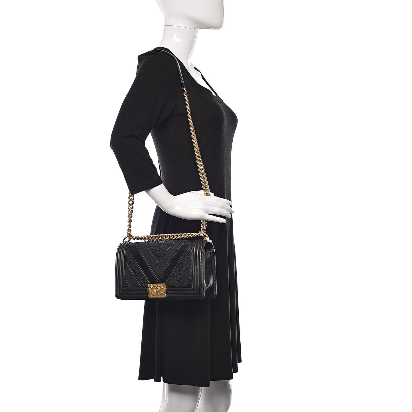 Caviar Suede Calfskin Chevron Medium Boy Flap Black