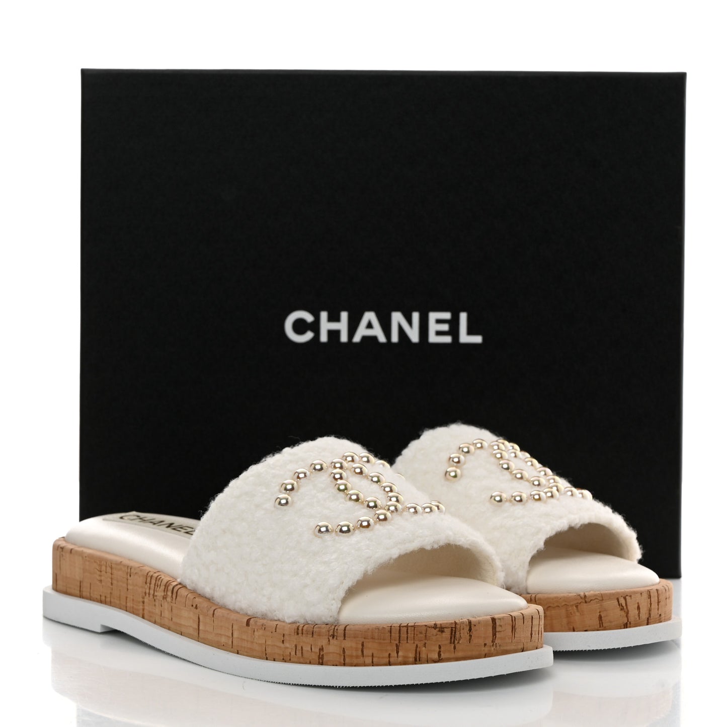 Fabric Pearl Cork CC Slip On Sandals 38 White