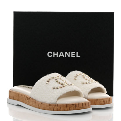 Chanel Fabric Pearl Cork CC Slip On Sandals 38 White 10 of 10