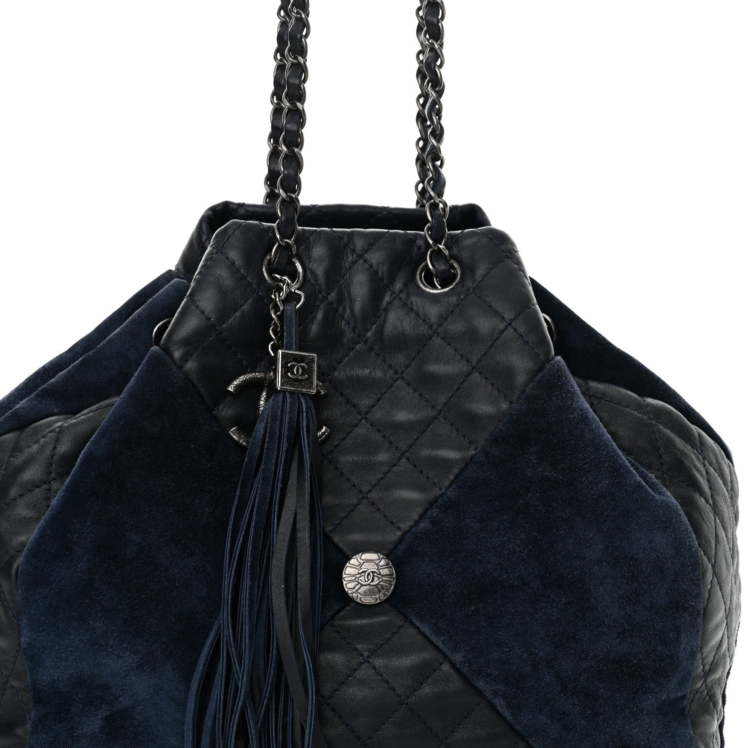 Chanel Goatskin Suede Calfskin Quilted Patchwork Drawstring Bag Blue 7 of 16