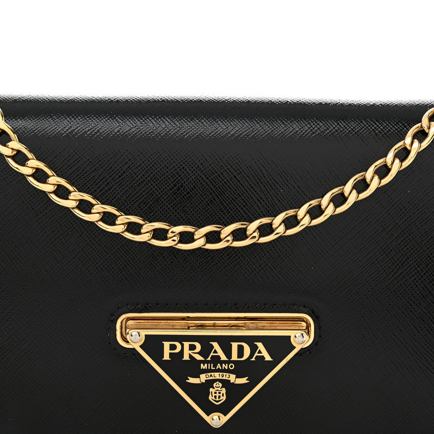 Saffiano Vernice Metal Triangle Chain Crossbody Bag Black