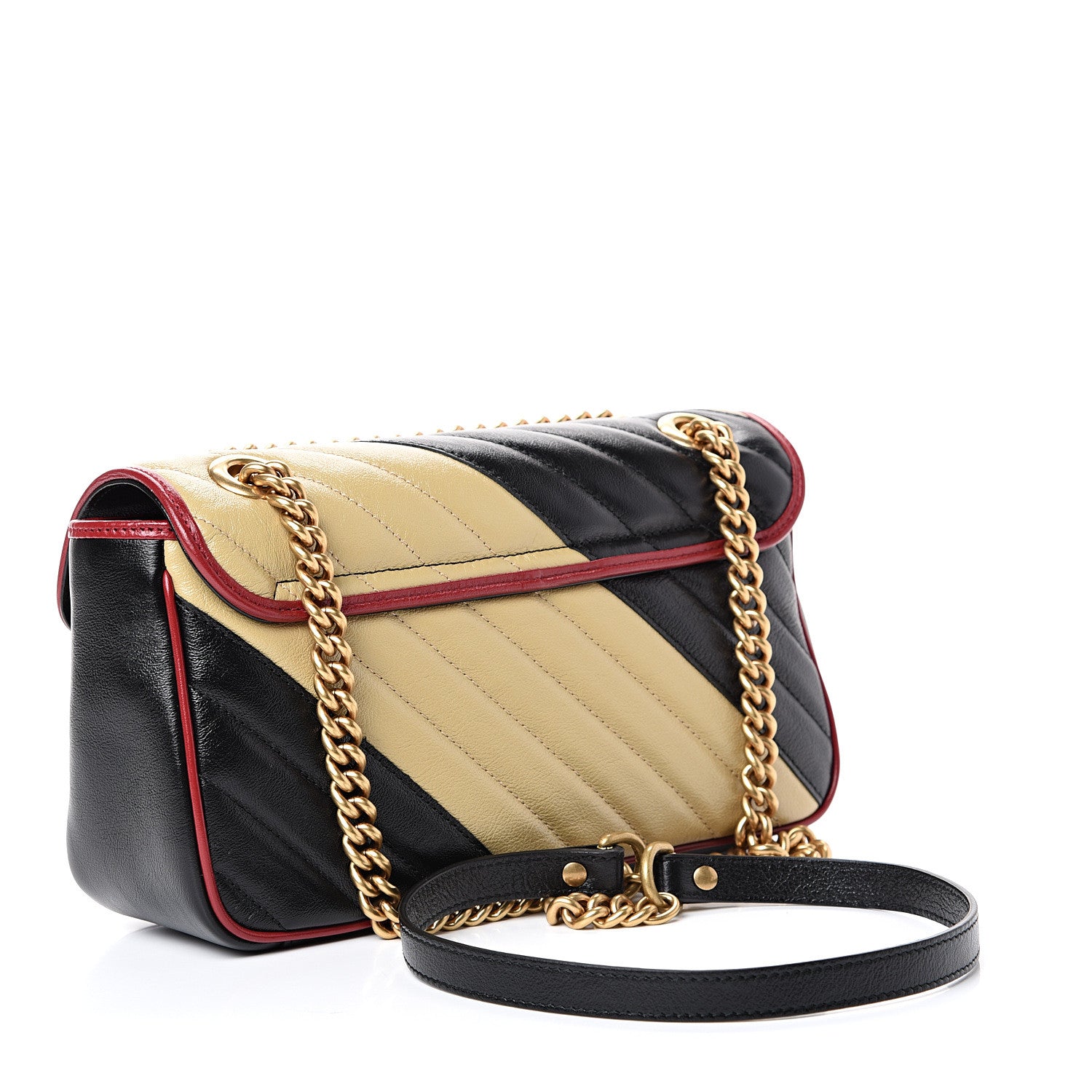 Gucci Vintage Effect Calfskin Matelasse Diagonal Striped Small Torchon GG Marmont Shoulder Bag Black Beige 2 of 9