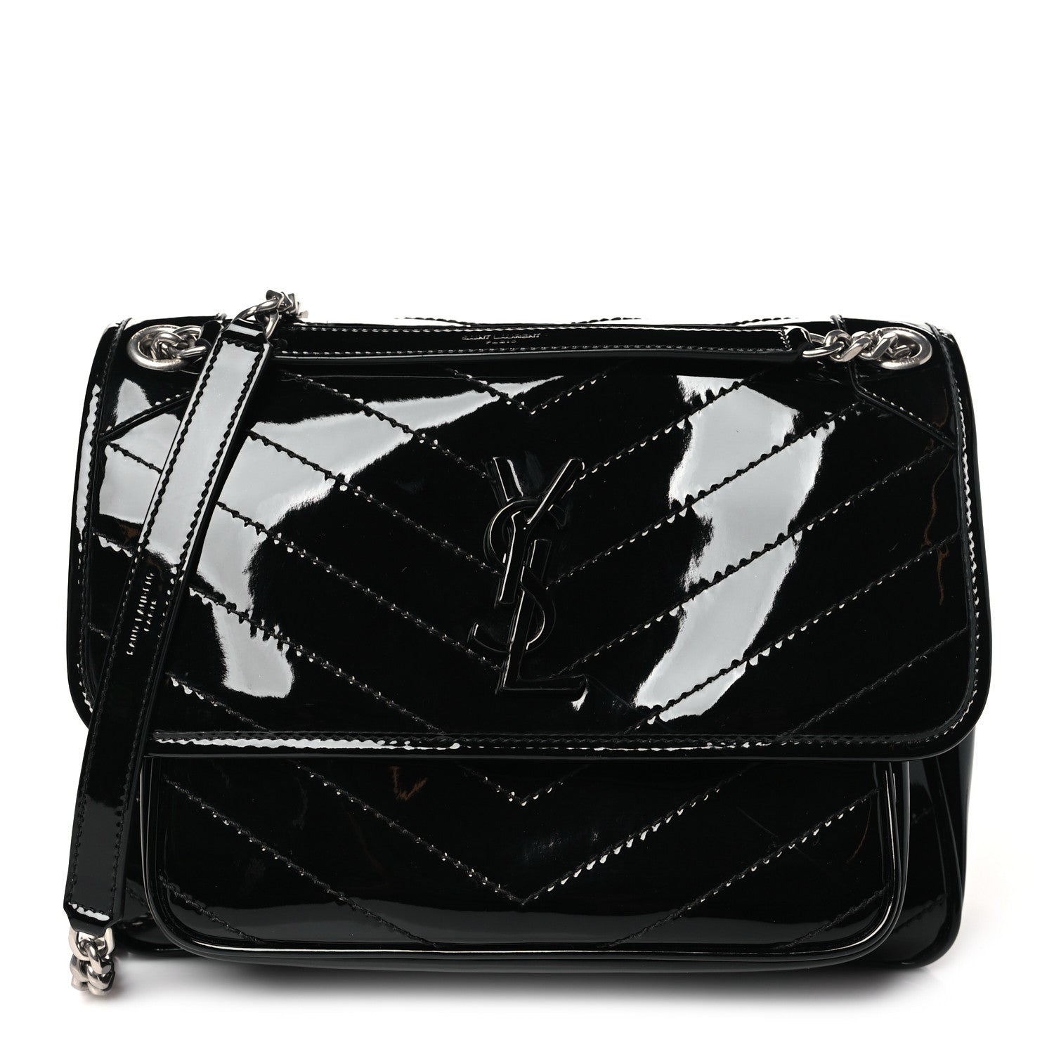 Saint Laurent Faux Patent Matelasse Monogram Medium Niki Chain Satchel Black 1 of 7