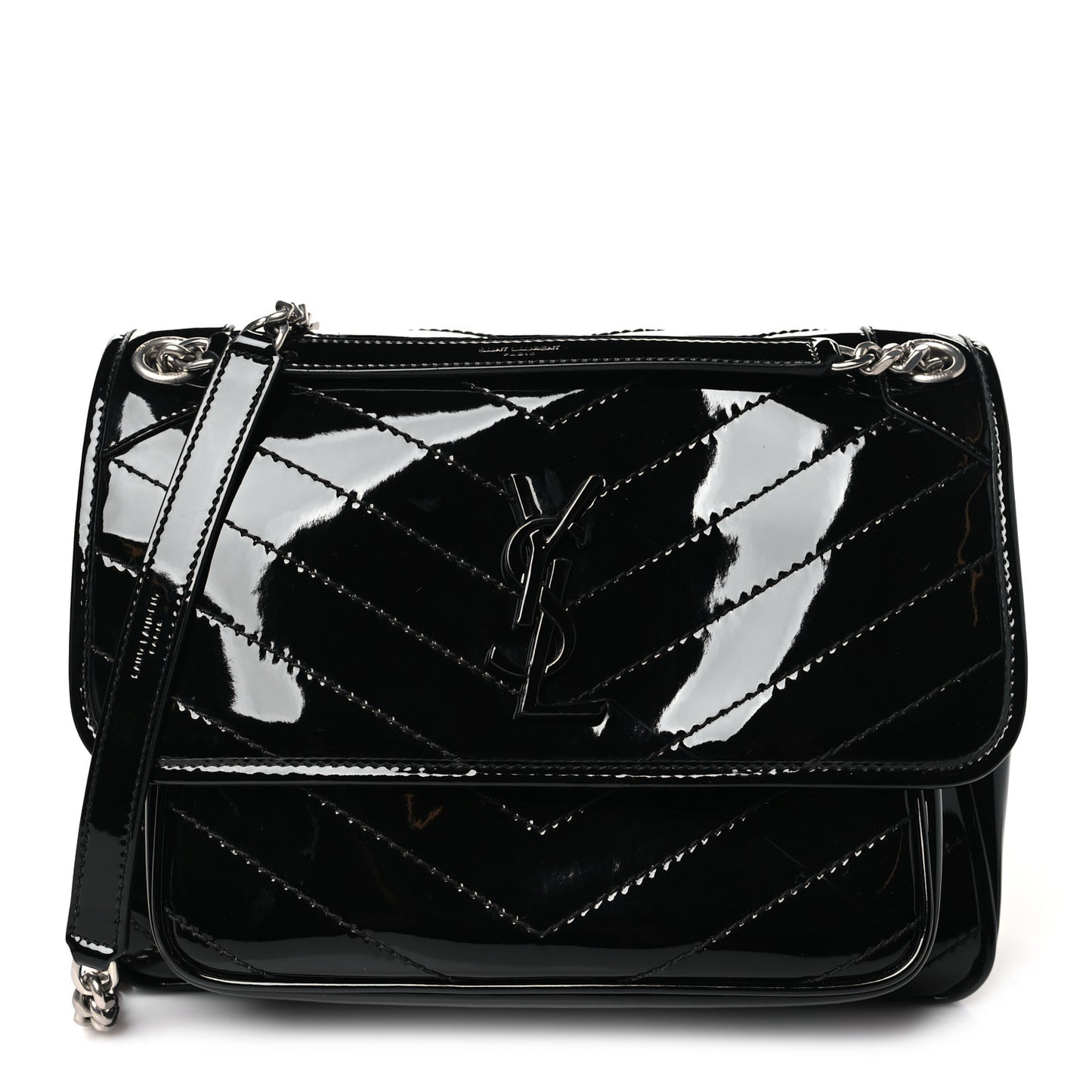 Faux Patent Matelasse Monogram Medium Niki Chain Satchel Black