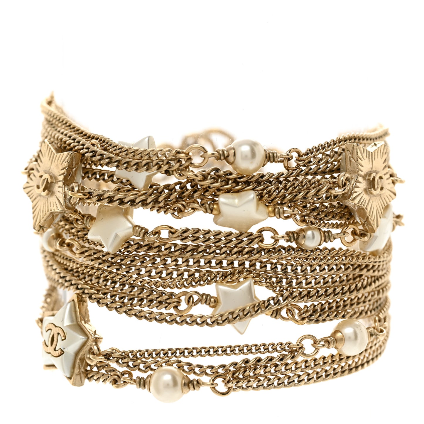 Metal Resin Pearl Multistrand Chain CC Bracelet Gold