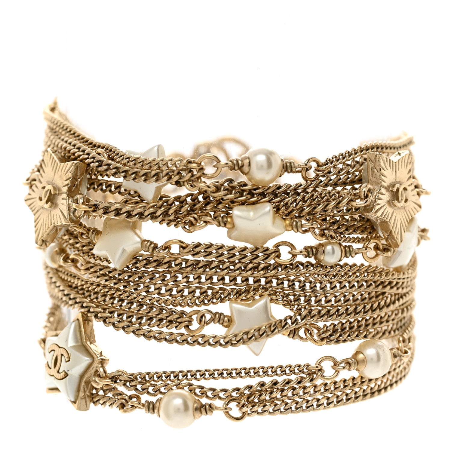Chanel Metal Resin Pearl Multistrand Chain CC Bracelet Gold 1 of 5