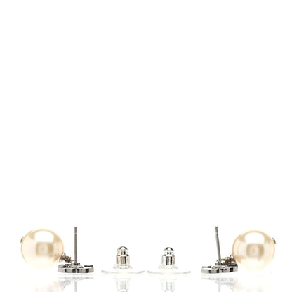 Chanel Crystal Pearl CC Drop Earrings Silver Pearly White 3 of 5
