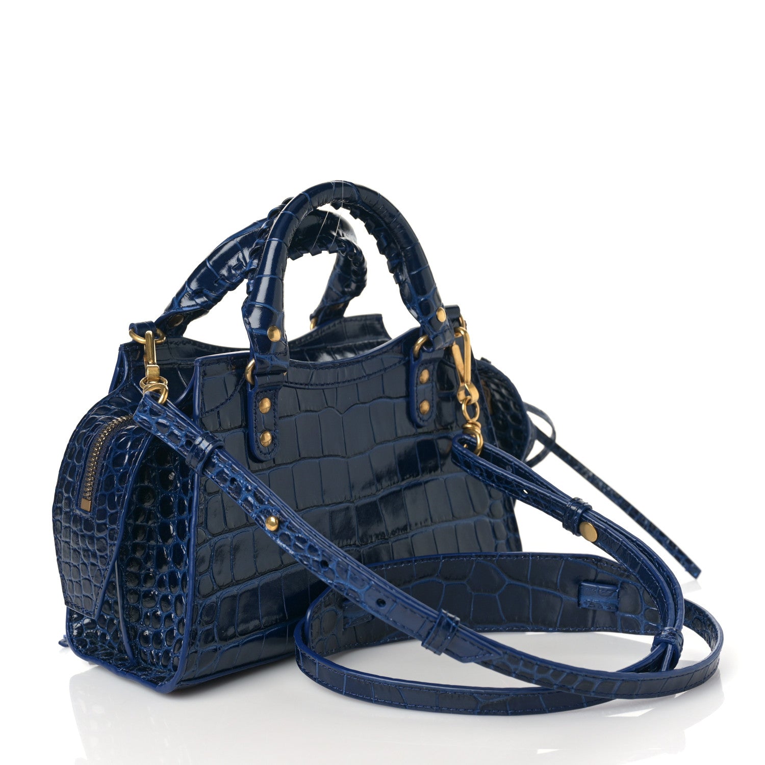 Balenciaga Shiny Supple Calfskin Crocodile Embossed Neo Classic Gold Hardware Mini City Navy 3 of 8