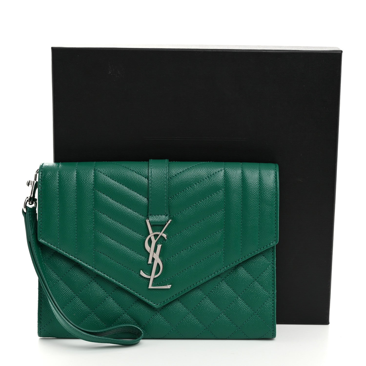 Saint Laurent Grain De Poudre Textured Mixed Matelasse Triquilt Monogram Clutch Green Field 8 of 8