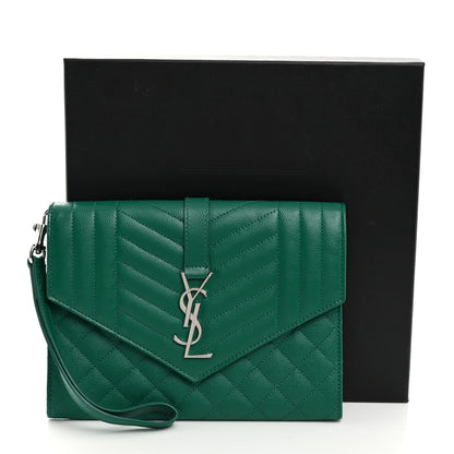 Saint Laurent Grain De Poudre Textured Mixed Matelasse Triquilt Monogram Clutch Green Field 8 of 8