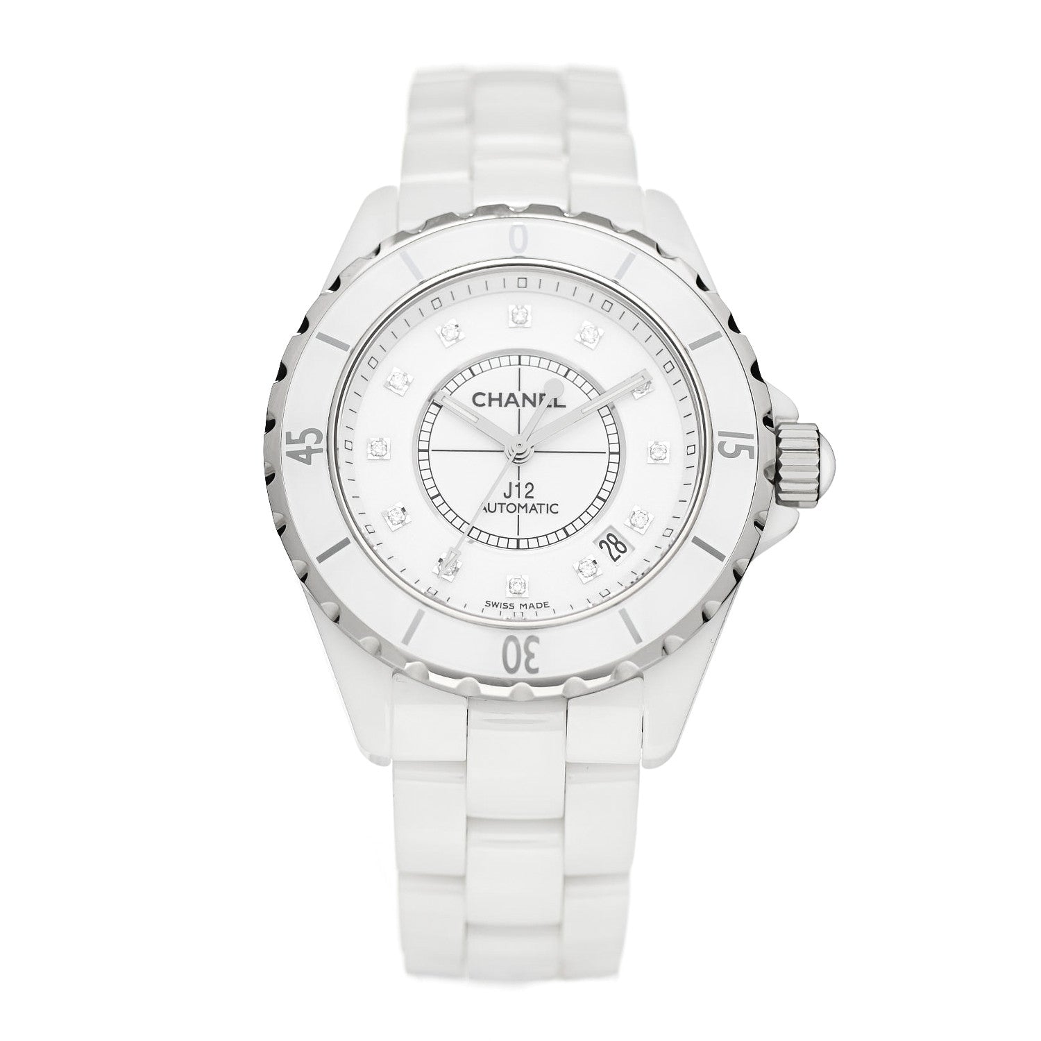 Chanel Stainless Steel Ceramic Diamond 38mm J12 Automatic Watch White 1 of 4