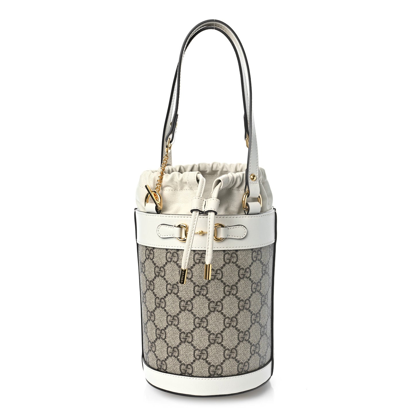 GG Supreme Monogram Azalea Sakai Calfskin Small Horsebit 1955 Drawstring Bucket Bag Beige Ebony Mystic White