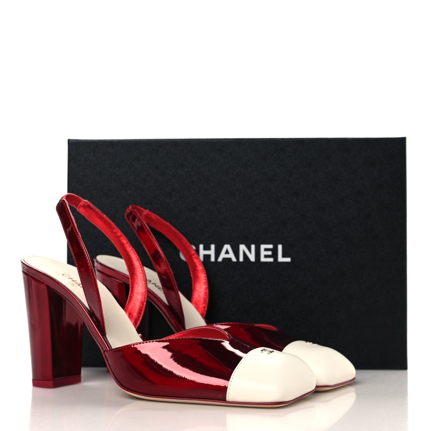 Laminated Calfskin Lambskin Cap Toe CC Slingback Pumps 39.5 Red Ivory