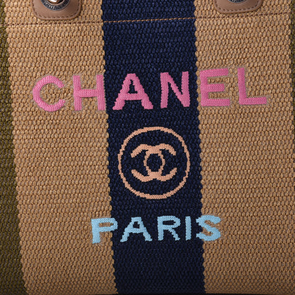 Chanel Straw Raffia Calfskin Striped Medium Deauville Tote Khaki Beige Navy Blue 10 of 11