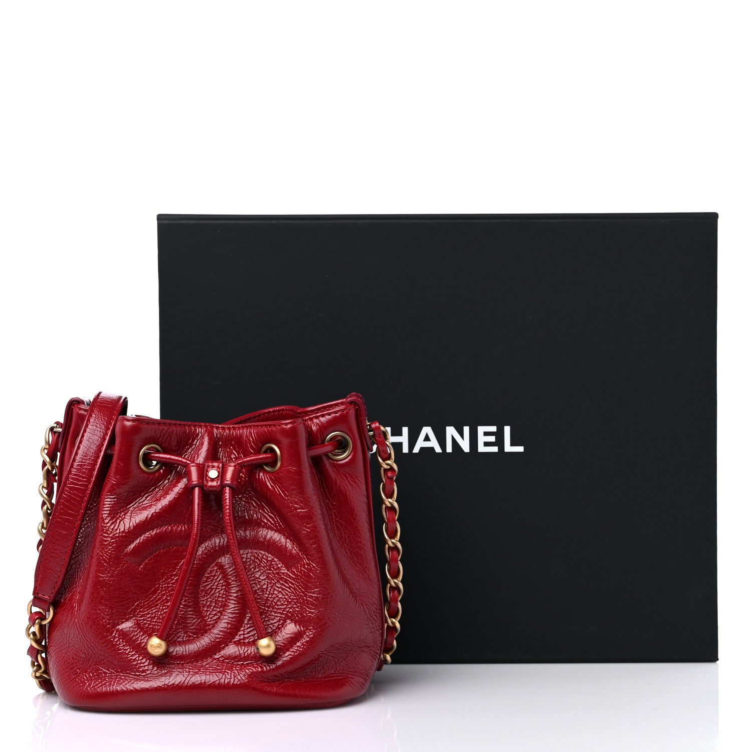 Chanel Shiny Aged Calfskin CC Chain Mini Drawstring Bag Red 10 of 10