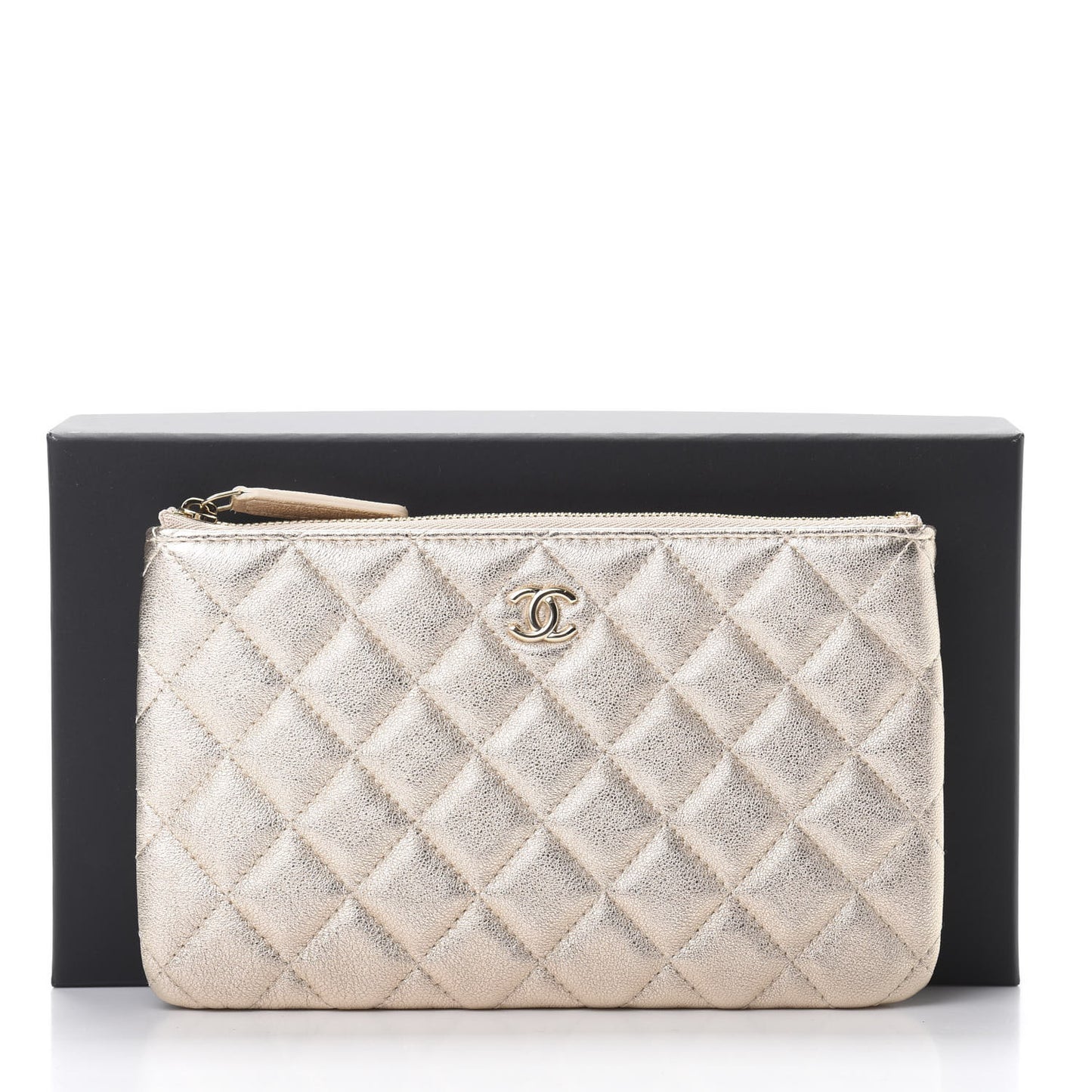 Metallic Lambskin Quilted Cosmetic Case Gold