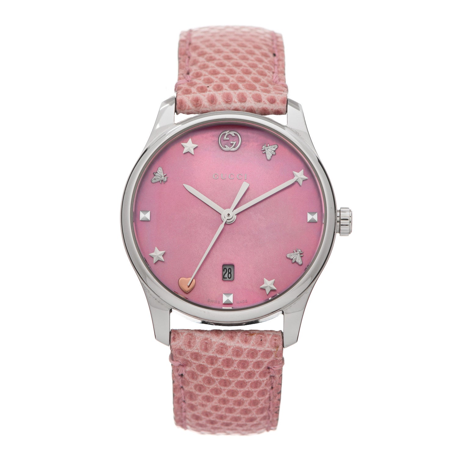 Gucci Stainless Steel Lizard Pink Mother of Pearl 29mm G-Timeless Charm Quartz Watch 1 of 5